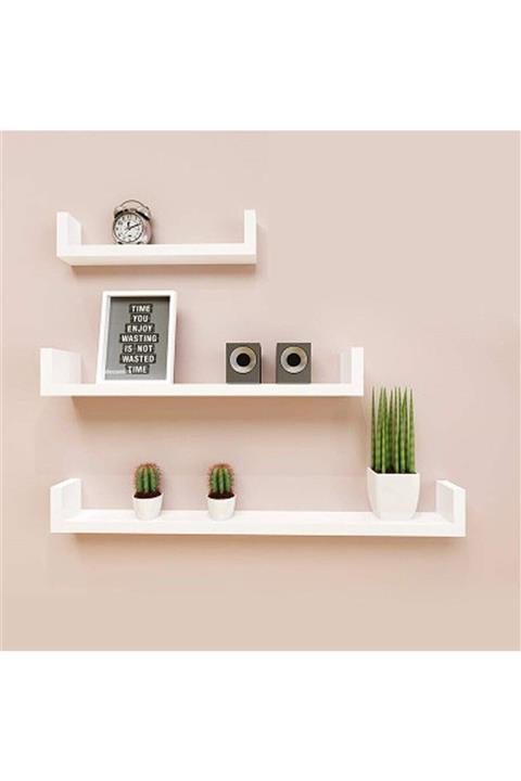 GörSeç Beyaz U Model Duvar Raf Seti 3'lü Kitaplık ,süslük,çiçeklik Duvara Monte(30-45-60 Cm Derinlik 15 Cm)