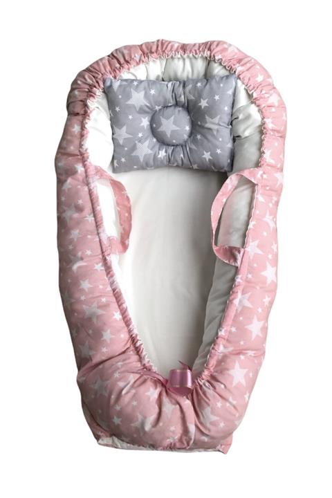 storkia Babynest Çift Taraflı Pembe Yıldızlı Bebek Yatağı Anne Yanı Yatak Yastıklı