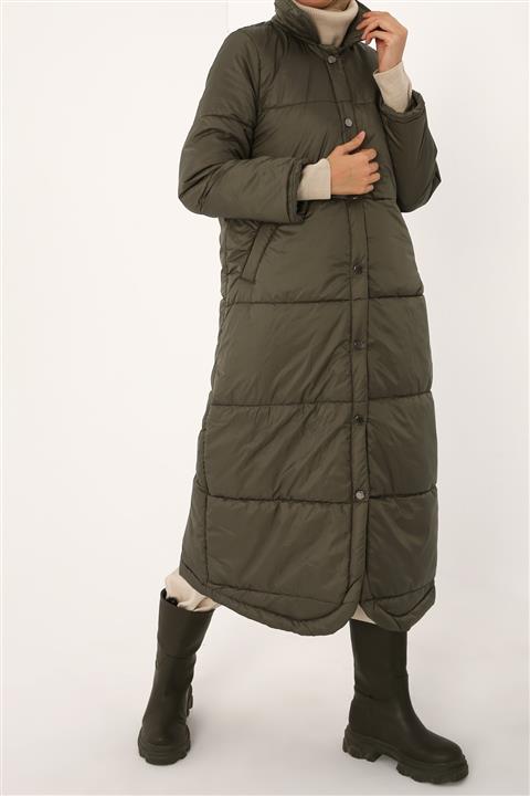 ALLDAY Haki Enine Çizgili Kapitone Tam Boy Mont