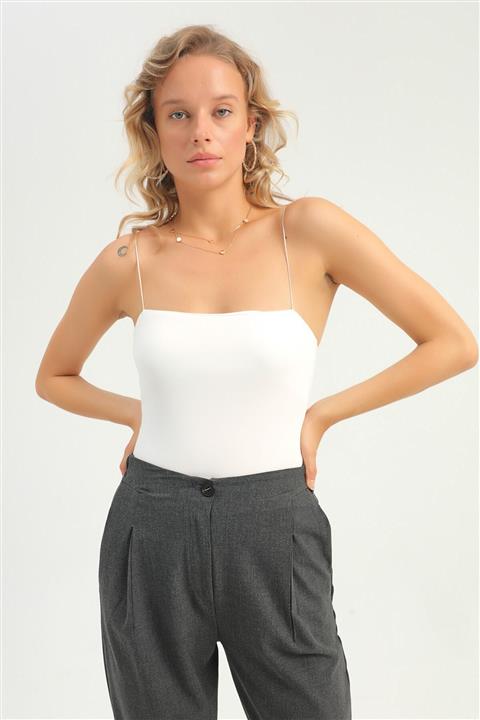 Quzu Ince Askılı Bodysuit Ekru