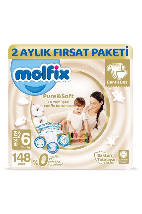 Molfix Pure&soft 6 Beden E.large 2 Aylık Fırsat Paketi 148 Adet