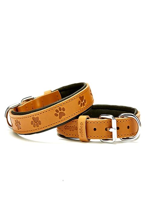 Doggie Pati Desenli Deri Orta Irklar Için Köpek Boyun Tasması Kahverengi 2,5x37-45 Cm