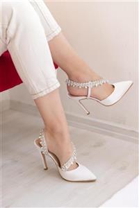 SHOEBELLAS Kadın Beyaz Saten Topuklu Ayakkabı