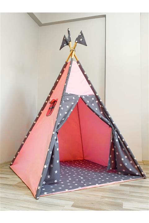 Gökmen Tekstil Büyük Boy Oyun Çadırı Gri Yıldız-pembe