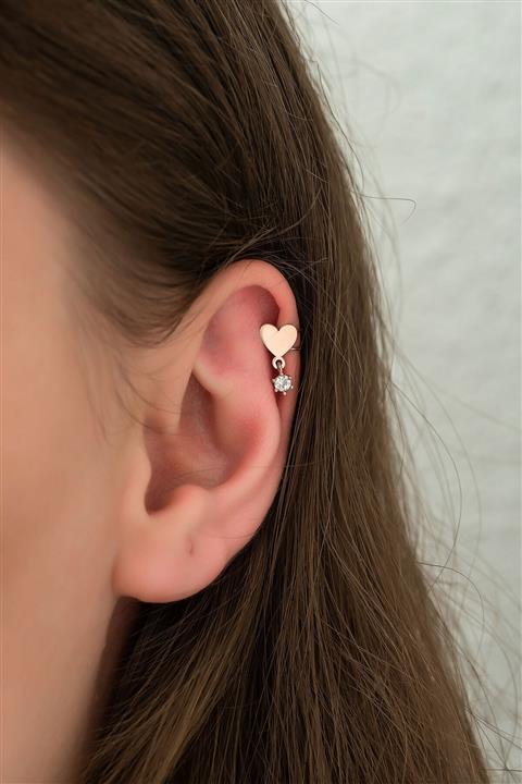 Papatya Silver Kadın Altın Taşlı Kalp Kıkırdak Küpe