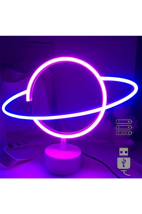 REWEL Büyük Boy Usb'li Satürn Gezegen Neon Led Işıklı Masa Ve Gece Lambası Dekoratif Aydınlatma