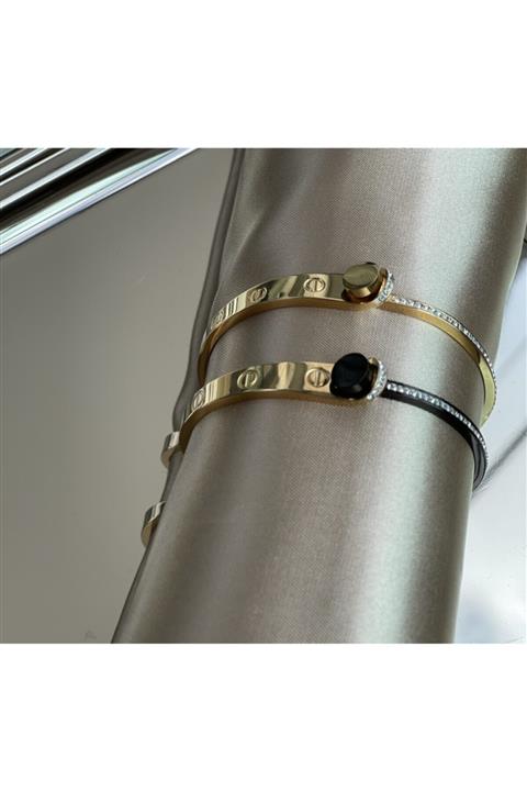 Holy Jewell Kadın Cartier Model Siyah Detaylı Taşlı Gold Çelik Kelepçe