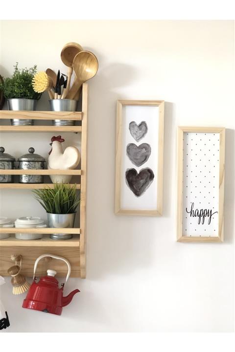 Puu Design Üçlü Kalp Ve Benekli Happy Ahşap Çerçeve Set