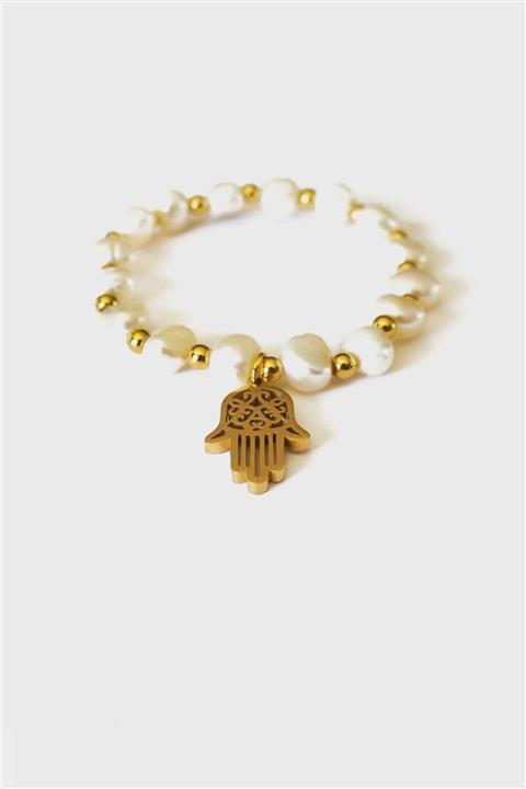 Jewel Incili Kordon Fatıma Ana Gold Altın Kaplama Bileklik