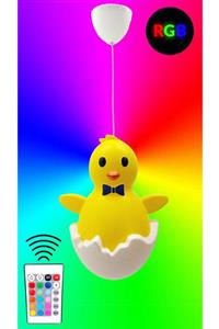 uyuMamy Emoji Civciv Bebek Çocuk Genç Odası Avize Sarı Renk Aydınlatma ( Rgb Kumandalı Lacivert Papyon )