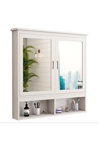 INTERBUILD REAL WOOD Interbuild Banyo Duvar Dolabı, Masif Akasya Ve Mdf, Çift Aynalı Çok Amaçlı Dolap,100x100x16 Cm,Beyaz