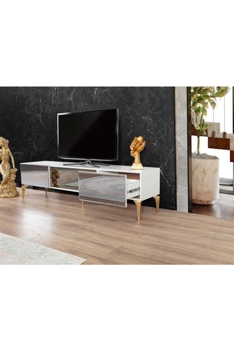 ENSİHOME Şömineli Beyaz Tv Ünitesi Gold Ayak Gümüş Ayak