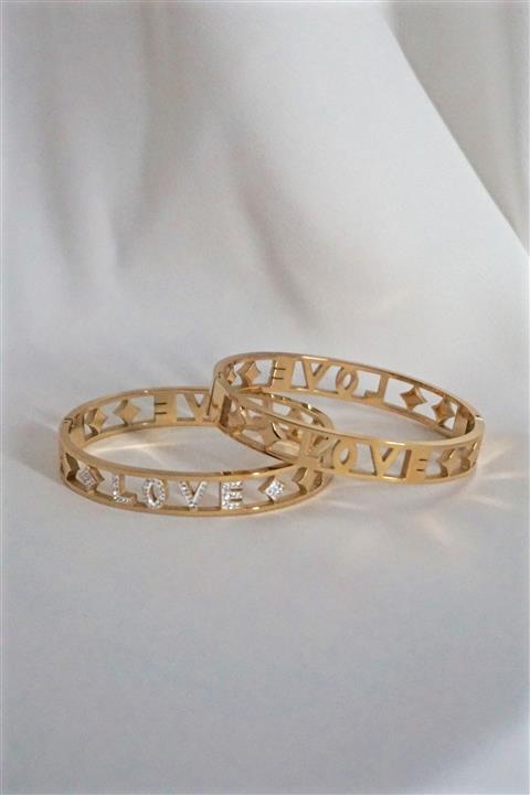 By Meriç Love Zirkon Taşlı Çelik Altın Renk Kelepçe Bileklik