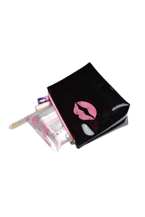 Mi Sueno Kadın Siyah Şeffaf Dudak Baskılı Fermuarlı Makyaj Çantası