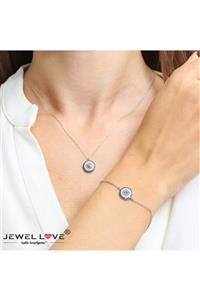 JEWEL LOVE Pırlanta Montür Tasarım Oval Nazar Gümüş Kolye Ve Bileklik Ikili Set