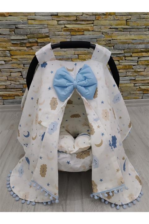 renklievimbeysehir Puset Örtüsü Set Babynest Mavi Bulutlu Müslin