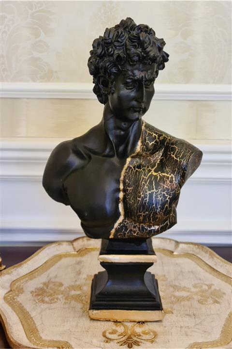 Ella's Design Studio Büyük David Büst Heykel Biblo Siyah Gold Çatlatma