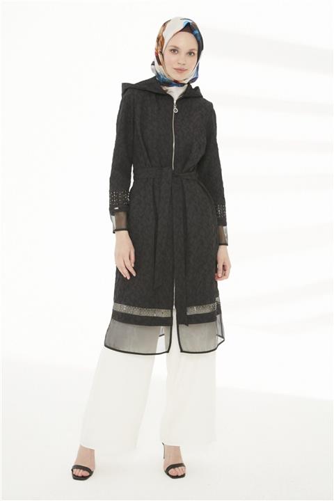 Zühre Organze Ve Fermuar Detaylı Siyah Kap K-0149