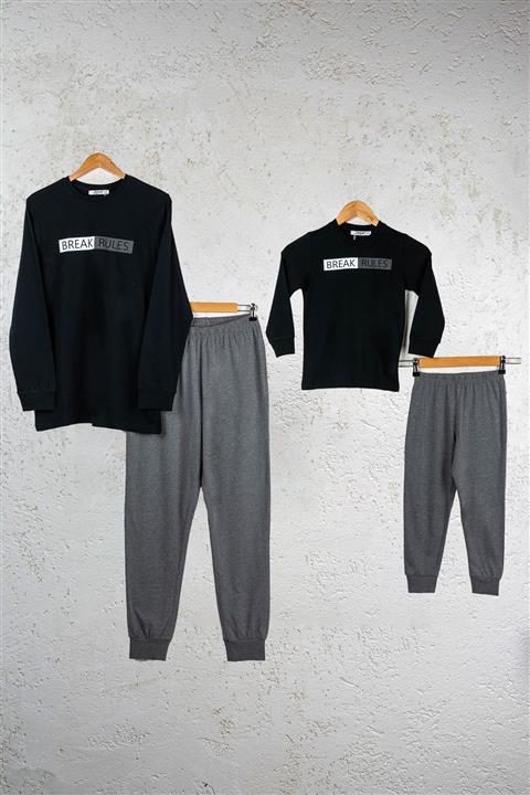 BSM Baba Oğul Siyah %100 Pamuk Yüksek Kalite Manşetli Uzun Kollu Pijama Takımı