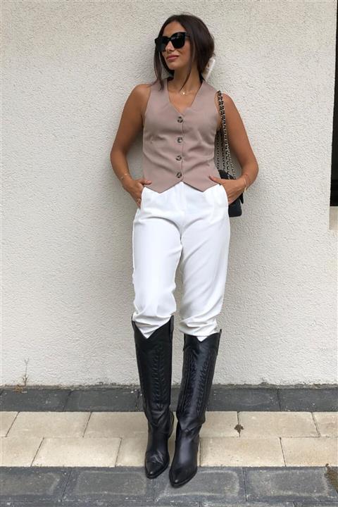 4Sisters Fashion Vizon Rengi Düğmeli Kumaş Yelek