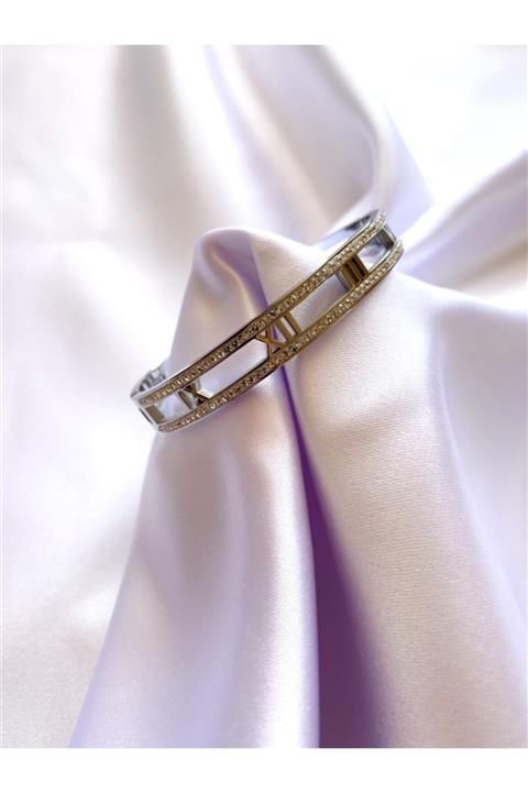 Royal Accessory Kadın Çelik Kelepçe Bileklik Roma Rakamlı Gümüş