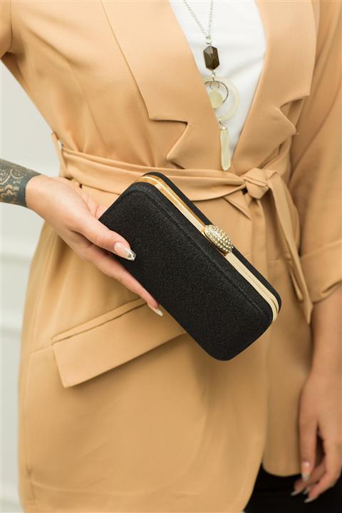 weem bag Kasalı Taşlı Siyah Simli Abiye Çanta