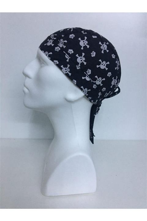 ADALILAR İŞ ELBİSELERİ Siyah Kuru Kafa Desenli Aşçı Kep Şapka Bandana