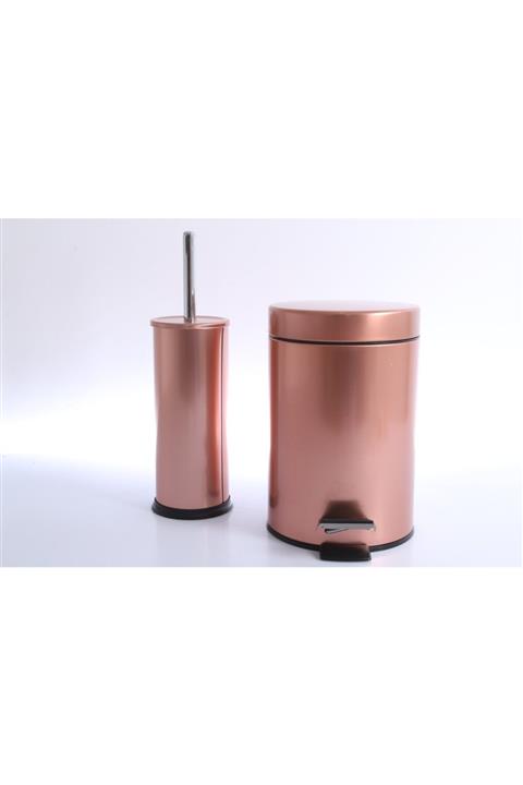 modalonga Parlak Bronz Pedallı Çöp Kovası Ve Wc Fırçası 2'li Banyo Seti