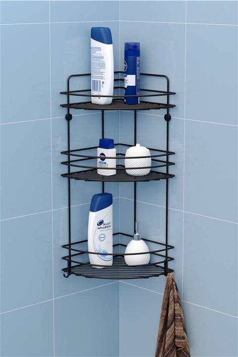 Teknotel Siyah Üç Katlı Kancalı Maxi Boy Banyo Köşe Rafı Mat Bk053h