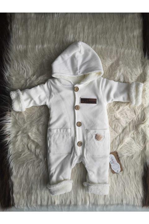 Nehad Bebe Ahşap Düğmeli Şapkalı Peluş Tulum