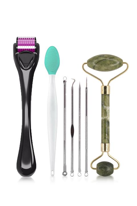 MUJGAN 4'lü Cilt Bakım Seti Dermaroller Titanyum 540 İğneli+Yeşim Taşı Yüz Masaj Aleti+T Bölge Temizleyici