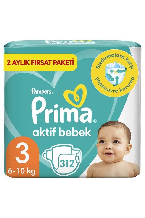 Prima Bebek Bezi Aktif Bebek 3 Beden 312  Adet Aylık Fırsat Paketi (156x2)