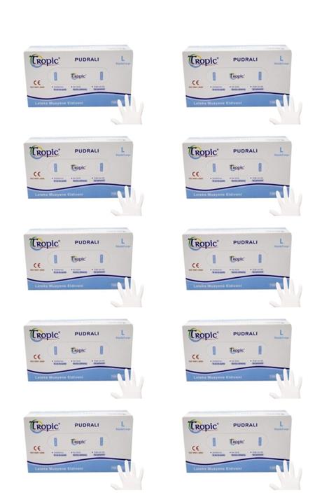 Tropic Unisex Beyaz Pudralı L Beden Muayene Eldiveni 10 X 100 Adet