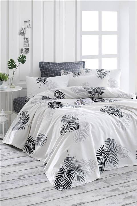 Enlora Home Enlora %100 Doğal Pamuk Pike Örtü King Baskılı 240x230cm Pipong Beyaz-Gri