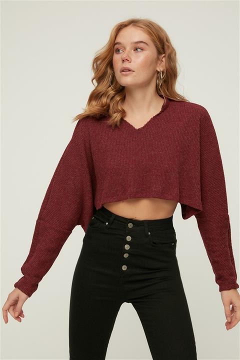 TRENDYOLMİLLA Bordo Fitilli Super Crop Örme Bluz TWOAW21BZ1213
