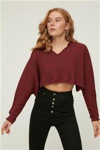 TRENDYOLMİLLA Bordo Fitilli Super Crop Örme Bluz TWOAW21BZ1213