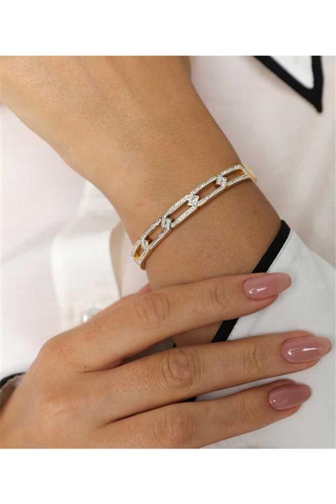 Jewel Dörtgen Geçişli Gold Altın Kaplama Çelik Bileklik Kod1084