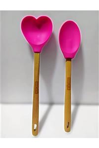 Micra Ahşap Saplı Yanmaz Yapışmaz Silikon Kaşık Spatula 2'li Set , 32 Cm