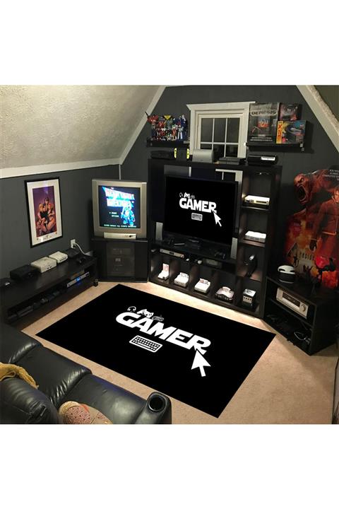 KuzgunHome Genç Odası Halısı Gamer Desen Siyah Dot Taban Halı