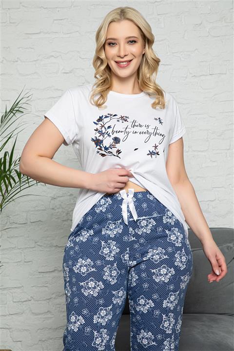 MyBen Büyük Beden Bisiklet Yaka Çiçek Baskılı Kısa Kollu Pijama Takımı 16155