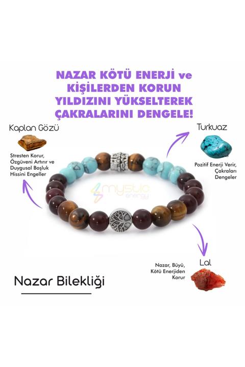 Golden Palace Unisex Nazar Doğaltaş Tılsım Bilekliği Lal Turkuaz Kaplan Gözü Doğal Taş Bileklik