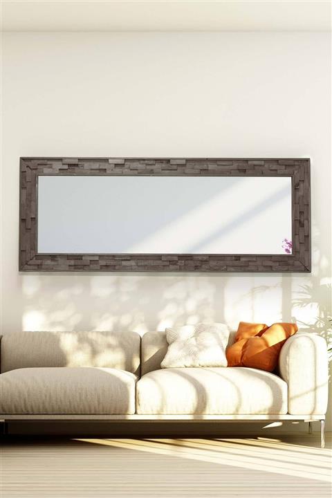 bluecape Doğal Ağaç Masif 58x148 Cm Jenga Gri Tahta Parçacıklı Salon Ofis Duvar Konsol Antre Boy Aynası