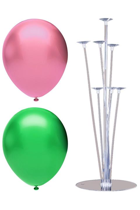 INFINITY 100’lü Metalik Balon Ve 7 Çubuklu Balon Standı Seti, 2 Renk X 50, Pembe, Yeşil