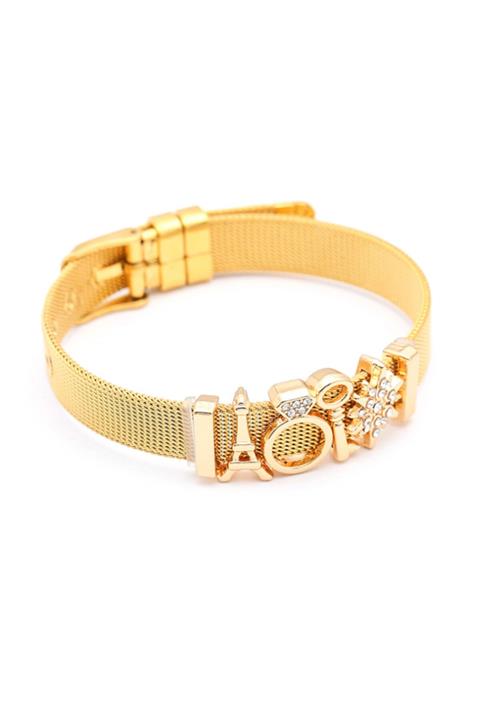 Chavin Kadın Gold Örgü Hasır Charm Taşlı  Çelik Bileklik ec96sr