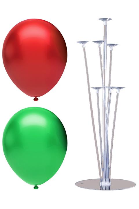 INFINITY 100’lü Metalik Balon Ve 7 Çubuklu Balon Standı Seti, 2 Renk X 50, Kırmızı, Yeşil