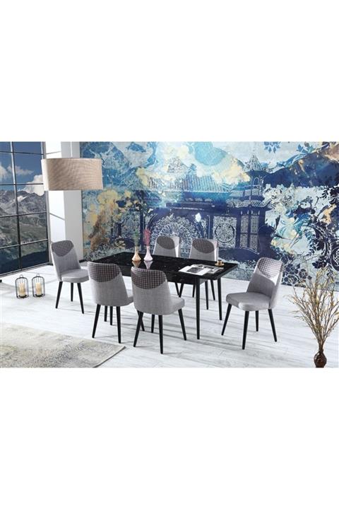 Ervo Lora Gri Salon Mutfak Yemek Masa Takımı 6 Sandalyeli