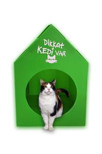 Pati Mama Plastik Desenli Kedi Evi - Kedi Kulübesi - Kedi Yuvası Yeşil Dikkat Kedi Var