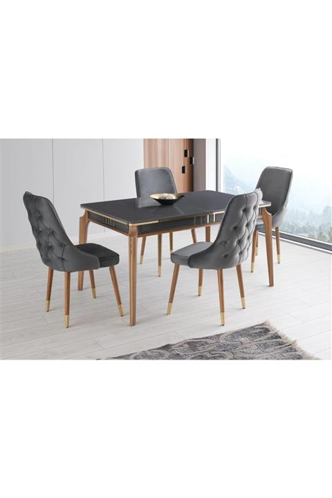 Evistro Ortadan Açılır Salon Yemek Masası Gri 4 Adet Sandalye Takım