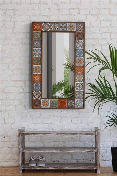 bluecape Etnik Çini Seramik 60x100 cm Doğal Ağaç Çerçeveli Salon Ofis Mutfak Duvar Konsol Boy Aynası