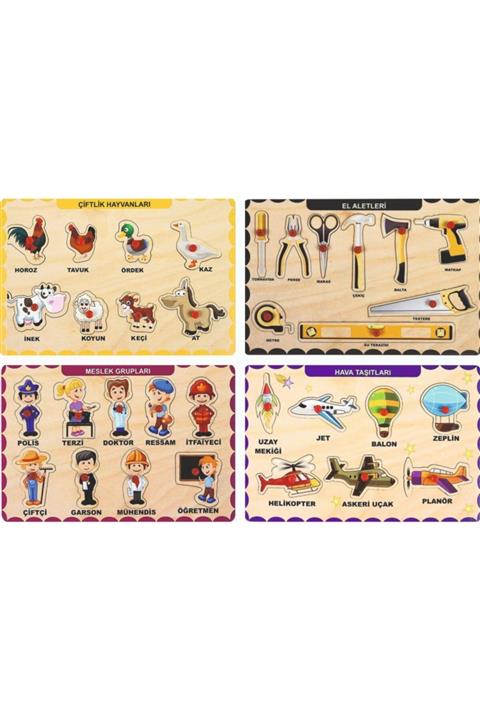 MAKETÇİNİZ Ahşap Tutmalı Eğitici 4 Adet Yapboz Puzzle Seti 1
